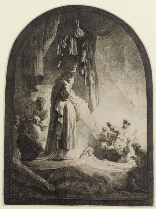 REMBRANDT, HARMENSZ VAN RIJN (Leiden1606 - 1669 Amsterdam).The great raising of Lazarus. Circa 1632. Etching, 36.1 x 25 cm. Bartsch 73; Hollstein 73 X (of X,); Nowell Usticke 73 probably X (of X). - Fine, strong and even impression with small margin around the plate edge. Some weak spots and minor foxing. Scattered small scratches. Verso remains of old mount. Old collector's stamp (cut) Overall good condition.
