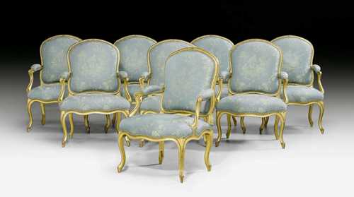 SET OF 8 FAUTEUILS &quot;A LA REINE&quot;, Louis XV, ascribed to L. DELANOIS (Louis Delanois, ma&#238;tre 1761), Paris ca. 1760. Moulded beech wood, finely shaped and gilt. Blue silk cover with a fine floral pattern. Gilt, minor chips. 68x60x46x96 cm. Provenance: from a French castle.