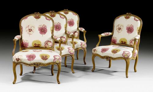 SET OF 4 LARGE FAUTEUILS "A LA REINE", Louis XV, stamped TILLIARD (Jean-Baptiste I or Jean-Baptiste II Tilliard, maître 1738 and 1752), Paris ca. 1750. Moulded beech wood, exceptionally finely carved with flowers, leaves, stylised shells, volutes, and ornamental frieze. Beige fabric covers with colourful pansies. 72s58x42x95cm. Provenance: - from a private collection, Switzerland. - Koller Auction, Zurich, 3 December 1996 (Lot No. 1071). - from a private collection, Munich.