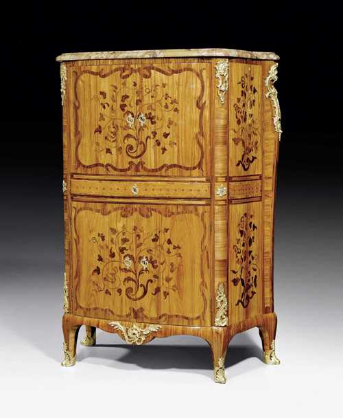 DESK "A ABATTANT", Louis XV, stamped RVLC (Roger Vandercruse, maître 1755), Paris ca. 1760/65. Tulipwood and purpleheart in veneer and exceptionally finely inlaid in "bois de bout"; flowers, leaves, cartouches and ornamental frieze. Slightly convex front with central drawer with leather-covered top over 1 secret drawer between a double-door. Fine, matte and polished gilt bronze mounts and sabots. Shaped "Brèche d'Alep" top. 84x39x(open 62)x120 cm. Provenance: from a French collection.