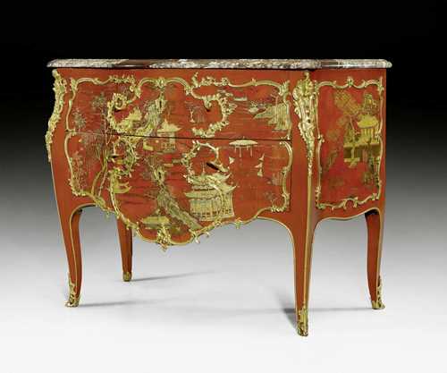 RED LACQUER CHEST OF DRAWERS, Louis XV, stamped M. CRIAERD (Mathieu Criaerd, ma&#238;tre 1738), Paris ca. 1760. Wood lacquered all around in the &quot;go&#251;t chinois&quot;. The centre with 2 sans traverse drawers Exceptionally fine, matte and polished gilt bronze mounts and sabots. Shaped &quot;Campan&quot; top. Restorations and alterations. 129x62x84 cm. Provenance: from a French collection.