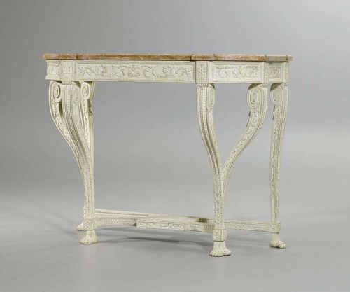PAINTED CONSOLE "AUX VOLUTES", Louis XVI, probably G. JACOB (Georges Jacob, maître 1765), Paris ca. 1785. Wood exceptionally finely carved with rosettes, leaves, wave band, beading, paws and ornamental frieze, and painted white. Red/grey speckled marble top. 120x56x96 cm. Provenance: from a French collection.