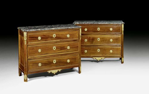 PAIR OF COMMODES, Louis XVI, stamped J. SOLTZER (Jean Soltzer, maître 1778), Paris ca. 1780. Cuban flame mahogany. Fine, matte and polished gilt bronze mounts and applications. Slightly different shaped "Sainte-Anne" top. Restorations. 114x46x89 cm. Provenance: from a French collection.