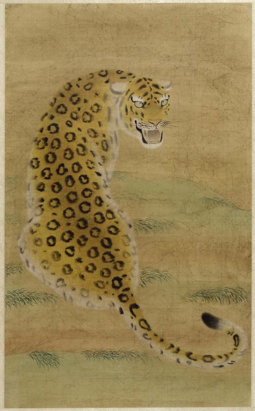 A LARGE PAINTING OF A LEOPARD. Japan, 19th c. 120x76 cm. European Art nouveau style frame with bamboo design.