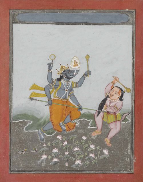 A MINIATURE PAINTING OF VISHNU AS BHU-VARAHA. India, Rajasthan, 19th c. 19.8x15.7 cm. Gouache, gold and silver on paper.