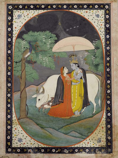 A MINIATURE PAINTING OF KRISHNA AND RADHA IN A THUNDERSTORM . India, Kangra, 19th c.  21.8x14.7 cm. Goauche and gold on paper.