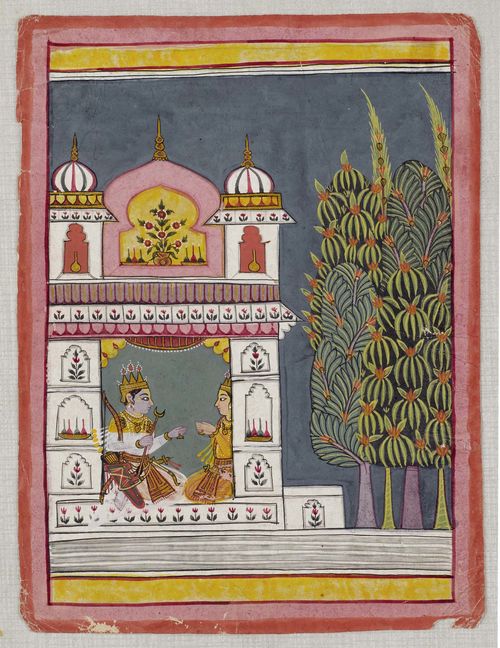 FOUR MINIATURE PAINTINGS DEPICTING FIGURAL SCENES AT PALACES. India, Malwa, around 1660, 20x14.5 cm. Gouache and gold on paper. Verso Devanagari inscription. (4)