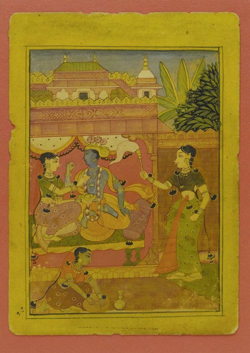 FOUR MINIATURE PAINTINGS DEPICTING RAGAMALA SCENES. India, Bundi, 17th c. 16.2x12 bis 18.2x12.3 cm. Gouache and gold on paper. Three paintings verso with Devanagari inscription. (4)