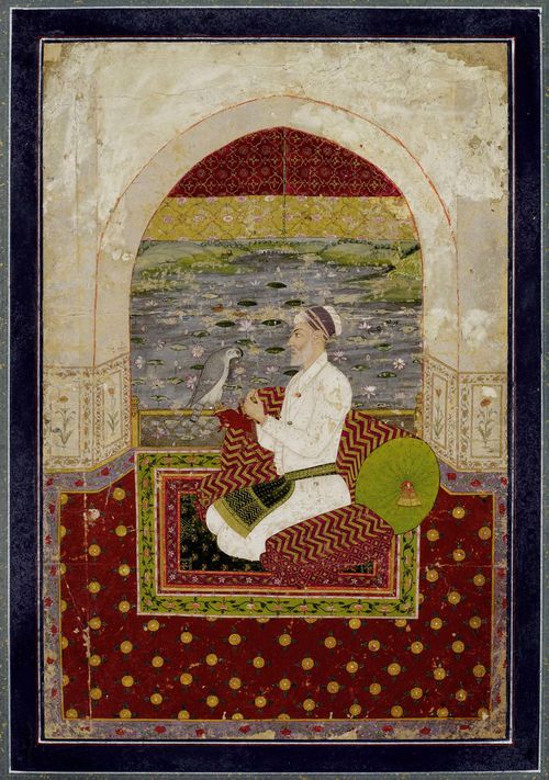 A PORTRAIT MINIATURE OF SHAJAHAN. India, Mugal, 17th c. 23.5x15.5 cm. Gouache and gold on paper. Slightly damaged.