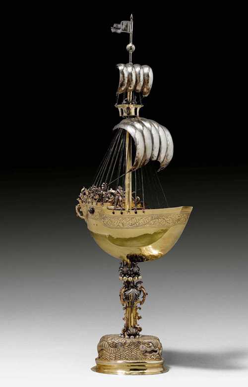 DRINKING VESSEL DESIGNED AS A SHIP, Nuremberg 1609-1623. Maker&#39;s mark: Tobias Wolff. Parcel-gilt. H 49.5 cm, 755g. Provenance: German private collection.
