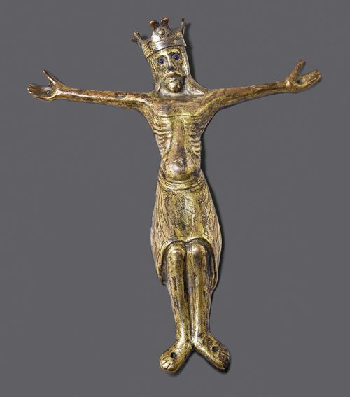 CORPUS CHRISTI,Romanesque, Spain. Finely chased and embossed gilt copper. Dark blue glass eyes. H 17 cm.