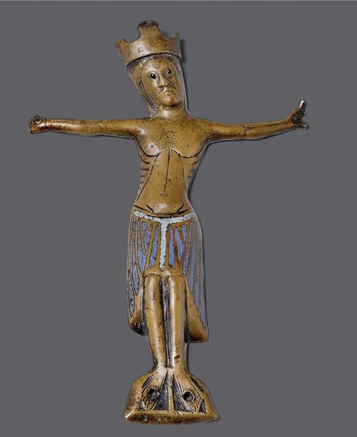CORPUS CHRISTI,Romanesque, Limoges, 1st half of the 13th century. Finely chased copper with remains of gilding, the eyes made of black glass, the loincloth enameled in turquoise and dark blue. Four-nail type. With large crown. H 16 cm. The hands missing.