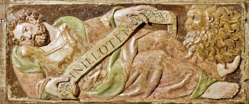 RELIEF WITH SAINT MARK, Late Renaissance, Spain, circa 1600. Relief carved and painted walnut. 31x68 cm. The paintwork partly retouched.