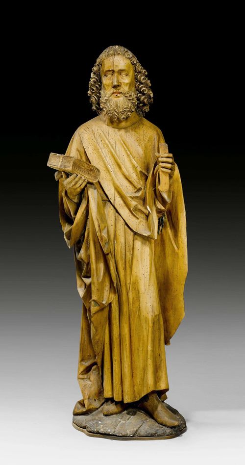 SAINT BARTHOLOMEW, late Gothic, from the Alpine region, end of the 15th century. Lime, curved, verso hollowed, paint removed. Standing with a book and a knife (incomplete). Base repaired. Hand with knife, repaired. Wormholes. H 128 cm. Provenance: - from a European collection.