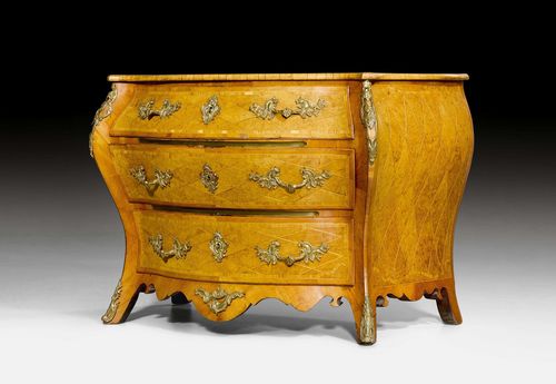 COMMODE, Louis XV, Sweden ca. 1760. Lime, maple, bird's eye maple and mahogany, in veneer and finely inlaid with lozenge-patterned fillets and decorative frieze. Bronze mounts and sabots, in part with old gilding. 112x53x80 cm. Provenance: - from a German collection.
