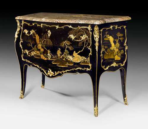 LACQUER COMMODE, Louis XV, stamped F. RUBESTUCK (Francois Ruebestueck, maitre 1766), Paris circa 1760. Wood lacquered on all sides in "gout japonais". The front with 2 sans traverse drawers. Exceptionally fine, matte and polished gilt bronze mounts and sabots, some replaced. Shaped "Sarrancolin" top. Some losses to the veneer. 110x52x85 cm. Provenance: - Formerly J. Perrin, Paris. - Private collection, Munich. - Koller Zurich auction, 3.10.2001 (Lot No. 1119). - From an Italian collection. - From a European private collection.