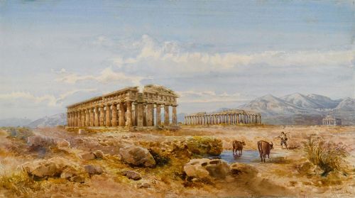 LANZA, GIOVANNI (Naples 1827 - 1889).The temple of Neptune and the Temple of Hera at Paestum. Watercolour. 43.5 x 75 cm. Signed lower right: G. Lanza.