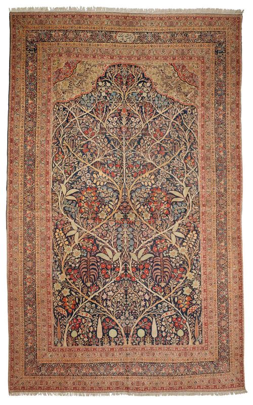 TABRIZ antique.Dark blue central field opulently patterned with plants in delicate pastel colours, stepped border in blue, green and pink with trailing flowers, in very good condition, 292x442 cm.