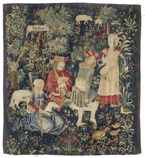 TAPESTRY FRAGMENT "MILLE FLEURS";Renaissance, probably Northern France circa 1500/20. Inscribed "branles". Restorations and supplements. H 204 cm. W 186 cm. Provenance: - French & Company, New York. - Myron Taylor collection, USA. - Private collection, Paris. - From a French collection.
