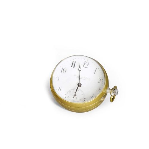 SPHERICAL CLOCK, IWC, ca. 1920. Brass. Solid brass case with convex glass on both sides. Enamel dial with Arabic numerals and blue Breguet hands. Small second at 6h, signed International Watch Co. Schaffhausen. Lever escapement No. 332496, with Breguet spring, monometallic balance, 4 screwed chatons, signed IWC. D 6.5 cm.