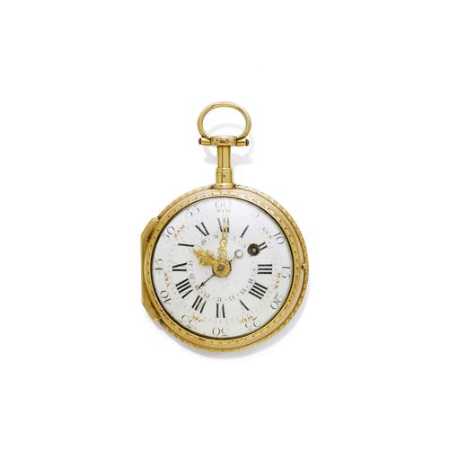 VERGE WATCH WITH CALENDAR, VT. BOURDILLON Geneva, ca. 1780. Pink gold, 79g. Polished case with engraved border. Enamelled dial with Roman numerals, gold-coloured Louis XV hands, inner date circle with hands, outer 60-minute division with day-of-the-week in red, calendar hand is missing, key winder at 2h. Verge escapement with fusee and chain signed Vt. Bourdillon Genève. Movement oxidized: does not run. D 44 mm.