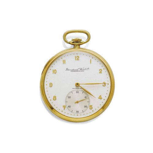 POCKET WATCH IWC, ca. 1920. Yellow gold 750, 75g. Polished case No. 1163051, with engraved monogram on the back. Silver-coloured dial with applied gold-coloured Arabic numerals and gold-coloured hands, small second at 6h. Lever escapement No. 1028521, Cal. 67, with Breguet spring, bimetallic balance, swan neck regulator. D 47 mm.