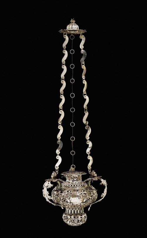 SANCTUARY LAMP,Augsburg 17th/18th century. Three cartouches with the initials 'MRA', 'IHS' and 'ISPH'. H 129 cm. 2840 g.