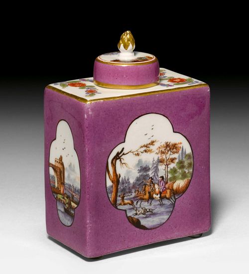 MEISSEN TEA-CADDY WITH LANDSCAPES, Meissen, ca. 1735. Decorated with a fine hunting scene and a landscape, and with harbour scenes on the narrow sides, on a purple ground. H 12.3 cm. Provenance: - E.A. Titgemeyer Collection, Bonhams, 7 December 2011, Lot No. 173. - from a Zurich private collection.