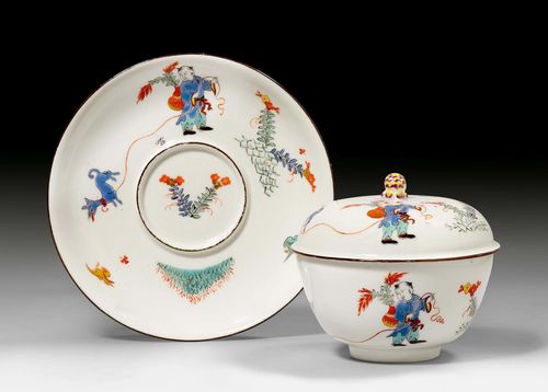 RARE SMALL MEISSEN TUREEN WITH COVER AND SAUCER, Meissen, ca. 1733. With Kakiemon decoration. Underglaze blue sword mark, tureen with incised number 5. D saucer 15.5 cm. (3) Provenance: - Kunsthandel Röbbig, Munich 1990. - from a Zurich private collection.
