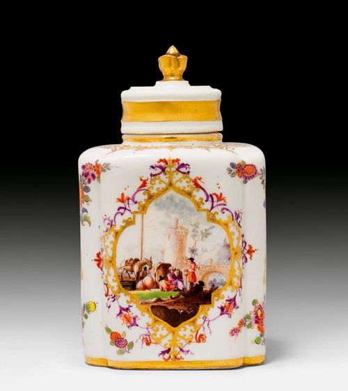 RARE MEISSEN TEA-CADDY WITH COAT-OF-ARMS AND LANDSCAPE PAINTING, Meissen, ca. 1735. The painting, probably later. The front painted with a  landscape scene. On the rear: an unidentified coat-of-arms and an incomplete matching coat-of-arms. Enamelled sword mark with guards over large blue sword mark on the unglazed bottom. H 14.5 cm. Provenance: - from a Swiss private collection. - Koller Auctions, Zurich, 23 November 1993. - from a Zurich private collection. Comparable piece: Christie's London, 30 September 1991, Lot No. 272.