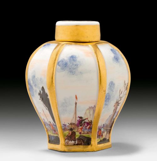 FINE MEISSEN TEA-CADDY AND COVER WITH HARBOUR SCENES, Meissen, ca. 1725-1730. Painted with European and Oriental harbour scenes, painting probably by Christian Friedrich Herold. Blue cross mark, gold mark V on both pieces. H 10.3 cm. Gilding, slightly rubbed on the shoulder. Provenance: - Galerie Stuker, Berne. - Christie's London, An Important Swiss Collection of European Porcelain, 21 February 2007, Lot No. 17. - from a Zurich private collection.