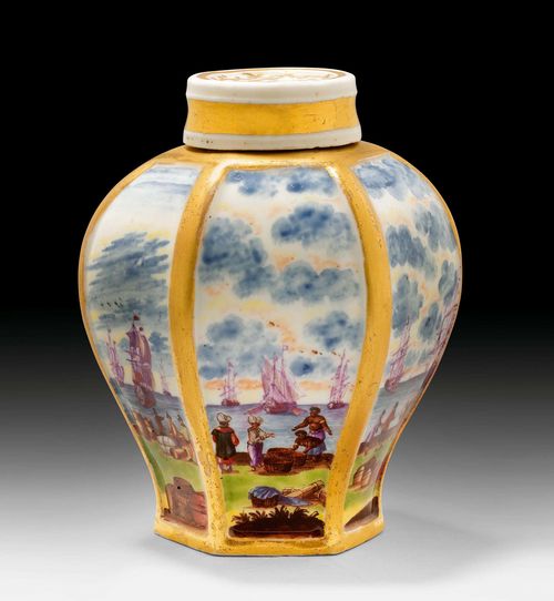 VERY FINE MEISSEN TEA-CADDY AND COVER WITH HARBOUR SCENES, Meissen, ca. 1725-1728. Painted in the style of C.F. Herold. Gold number 81 in the cover. H 10.2 cm. Provenance: - Koller Auctions, Zurich, June 1994. - Kunsthandel Röbbig, Munich. - from a Zurich private collection.
