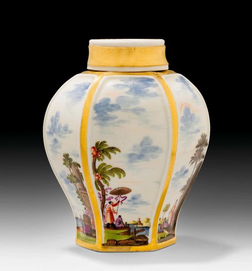 RARE MEISSEN TEA-CADDY AND COVER WITH CHINOISERIE AND EUROPEAN RIVERSCAPES,Meissen, ca. 1725. Painted with rare scenes of Chinese in European riverscapes, and harbour scenes under a cloudy sky, accentuated in iron-red. Enamel-blue sword mark with curved guards, gilding number 51 on both pieces. H 10 cm. Provenance: - Kunsthandel Röbbig, Munich, 1986. - from a Zurich private collection.