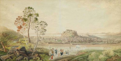 ANONYMOUS, 1ST HALF OF THE 19TH CENTURY View of Athens and the surrounding area, with riders and soldiers in the foreground. Grey pen, with watercolour, over two sheets. Wove paper. Inscribed verso in pencil: Athen. Disam (?) 89 x 123 cm. Framed.