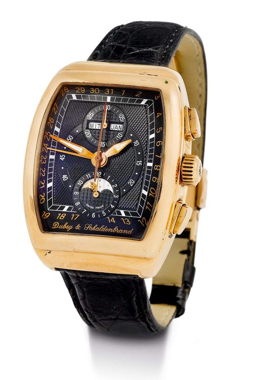 DUBEY & SCHALDENBRAND, GRAN CHRONO ASTRO, WRISTWATCH, ca. 2000. Pink gold 750. Solid, tonneau-shaped, convex case No. 07, screw-down exhibition back, oval chronograph pushers. Black, engine-turned dial with white indices, gold luminous hands, minute counter at 12h, hour counter at 6h, central date, day and month at 1h, moon phase at 6h. Engraved automatic movement Cal. 7751 with engraved skeleton rotor. Black crocodile band with original gold fold-over clasp. D 50 x 38 mm.