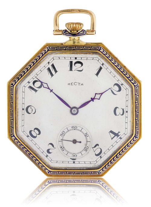 RECTA DRESS WATCH, ca. 1930s. Yellow gold 750. Flat, octagonal case No. 349076, the edge with fine enamel in blue geometrical patterns. Silver-coloured dial with black, Arabic numerals and blued hands, small second at 6h. Flat bridge movement with compensation balance and Breguet spring. D 49 mm.