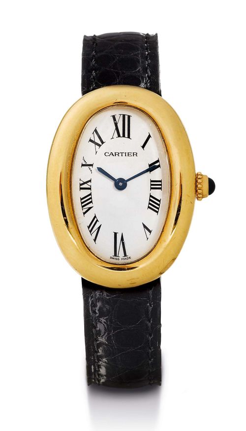 CARTIER BAIGNOIRE LADY'S WRISTWATCH WITH CROCODILE BAND, 1999 Yellow gold 750. Ref. 378334MG, oval, polished case No. 1954, with convex, sapphire glass and gold crown with sapphire at 3h, screw-down back, silver-textured dial with black Roman numerals and blue-Breguet hands. Quartz movement Cal. 057, black Cartier crocodile band with original gold clasp. D 31 x 23 mm. With Cartier warranty certificate.
