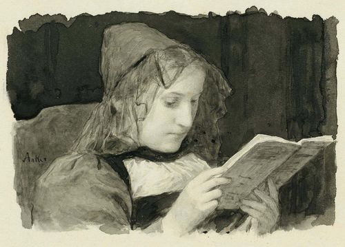 ANKER, ALBERT (1831 Ins 1910) Young woman reading. Pen and brush in black and grey. Signed in black pen on the left margin: Anker. 9.5 x 13.5 cm (sheet size 14 x 21 cm). Framed. Provenance: Swiss private collection