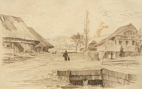 ANKER, ALBERT (1831 Ins 1910) Village square with farmhouses (Seeland, with the Jura in the background). Verso: interior with a peasant woman reading. Brown pen. Inscribed on upper margin to the right in black pen: Vignelle. 18 x 27.5 cm (unevenly cut).Framed. Provenance: - Swiss private collection Exhibited: - Albert Anker, Konolfingen/Emmental, May 1954, Cat. No.172