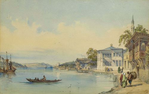 DE SZATHMARI, CAROL POPP (Cluj 1812 - 1887 Bucharest) Palace on the Bosporus. Grey pen and watercolour, heightened in white. Signed lower left. 33.5 x 53 cm (image). Framed.