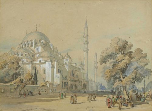 DE SZATHMARI, CAROL POPP (Cluj 1812 - 1887 Bucharest) Mosque in Istanbul. Grey pen and watercolour, heightened in white. 36,5 x 51 cm. (image). Framed.