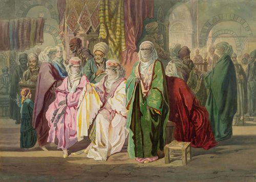 DE SZATHMARY, CAROL POPP (Cluj 1812 - 1887 Bucharest) Scene in a bazar. Watercolour and gouache. 50 x 70 cm (image). Framed.