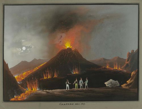 ITALY - NAPLES.-Anonymous, 19th century. Vesuvius erupting by night with visitors. Gouache, ca. 35 x 46 cm. With black pen outer line and grey gouached margins. Inscribed below the image to the centre: Cratere del 1827. Old frame. – Laid on canvas with stretcher. Fine condition.