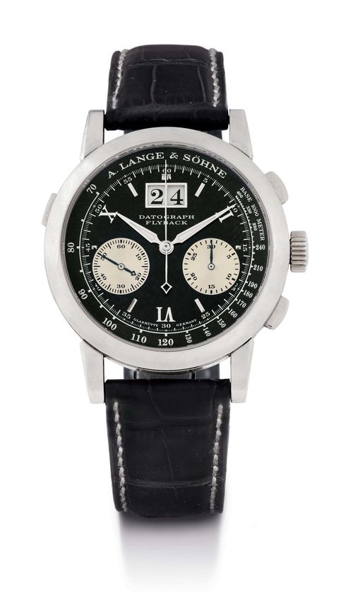 A. LANGE &amp; S&#214;HNE FLYBACK CHRONOGRAPH, ca. 2007. Platinum 950. Ref. 403.035. Heavy, three-part case No. 148192, sapphire glass exhibition back, date corrector button at 10h. Black dial with applied Roman numerals and indices, minute counter at 4h, small second at 8h. Large date at 12h. Tachymeter scale. Very fine, hand-winding movement No. 42080, Cal. L951.1 with flyback chronograph, 3/4-plate with Geneva stripes, 40 rubies, 4 of which are set in screwed gold chatons. Screw balance with Breguet spring and swan neck regulator, engraved balance bridge. Black crocodile band with original platinum clasp. D 39 mm.
