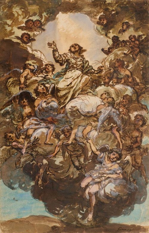 Circle of ANTONILEZ, JOSE (Seville 1639 - 1676 Madrid), The Assumption of Mary. Circa 1670. Brown pen, watercolour and gouache, heightened with white. Old inscription lower right in black pen: Guardi. 45.3 x 29.8 cm. Framed. Provenance: - collection of Kurt Meissner, Zurich Exhibitions: - Kunsthalle Bremen/Kunsthaus Zürich 1967, Handzeichnungen alter Meister aus Schweizer private collection , Exh. Cat. , No.223 with ill.