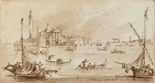 Follower of GUARDI, GIACOMO (1764 Venice 1835), San Giorgio Maggiore in Venice. Brown pen, brown wash. 18.5 x 32.5 cm. Framed.