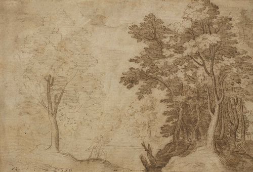 Circle of BRIL, PAUL (Antwerp 1556 - 1626 Rome), Landscape with three figures, one hidden behind a tree. Brown pen. Numbered to the left on lower margin in brown pen: 556 (?) 15.2 x 20.8 cm. Framed.