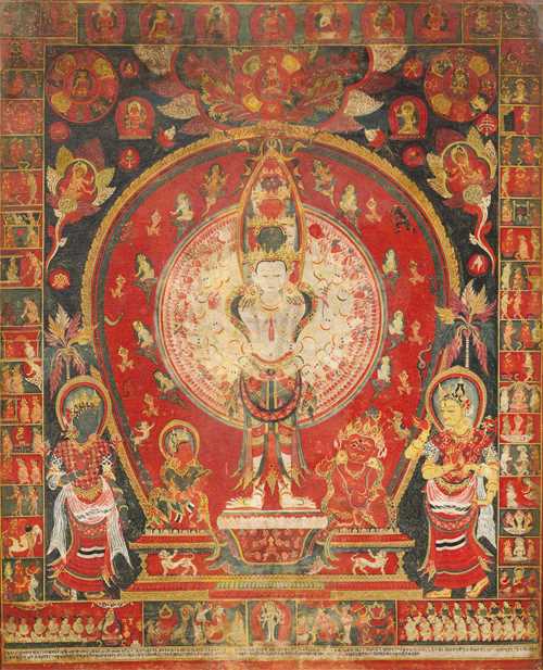A FINE  PATA OF THE ELEVEN HEADED AND THOUSAND ARMED AVALOKITESHVARA. Nepal, 15th c. 96x78 cm. Framed.