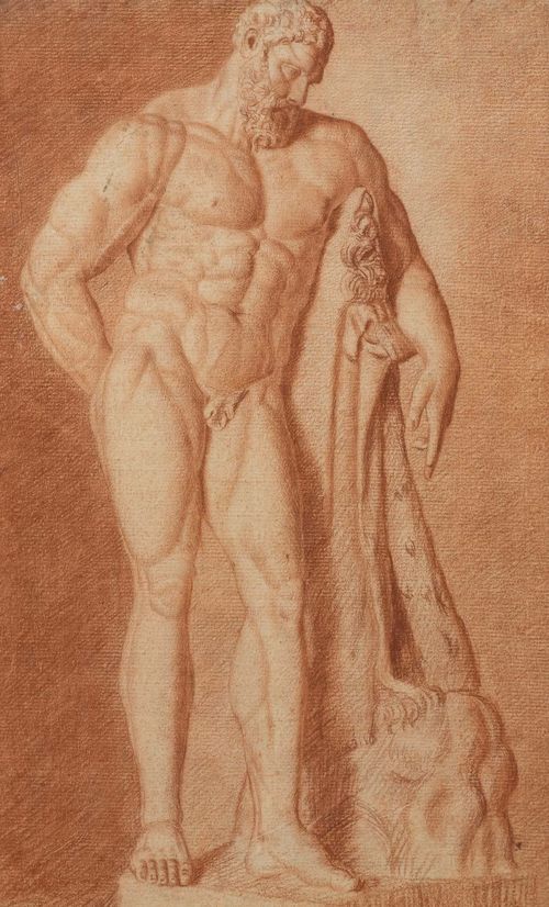ANONYMOUS, 1ST HALF OF THE 19TH CENTURY The statue of the Farnese Hercules from the front. Verso: the sculpture from the side. Red chalk. 41 x 26 cm. Framed.