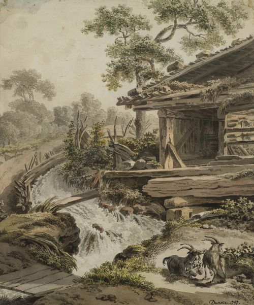 DUNKER, BALTHASAR ANTON (Saal/Vorpommern 1746 - 1807 Bern) Old barn by a rushing stream, two goats in the foreground. Black crayon, grey and brown pen, with wash and watercolour. Signed and dated lower right in black pen: Dunker 1797. 26 x 21.5 cm (image). Framed.